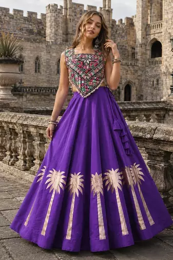 Violet Silk Blend Readymade Navratri Lehenga Choli with Kutchi Gamthi Work