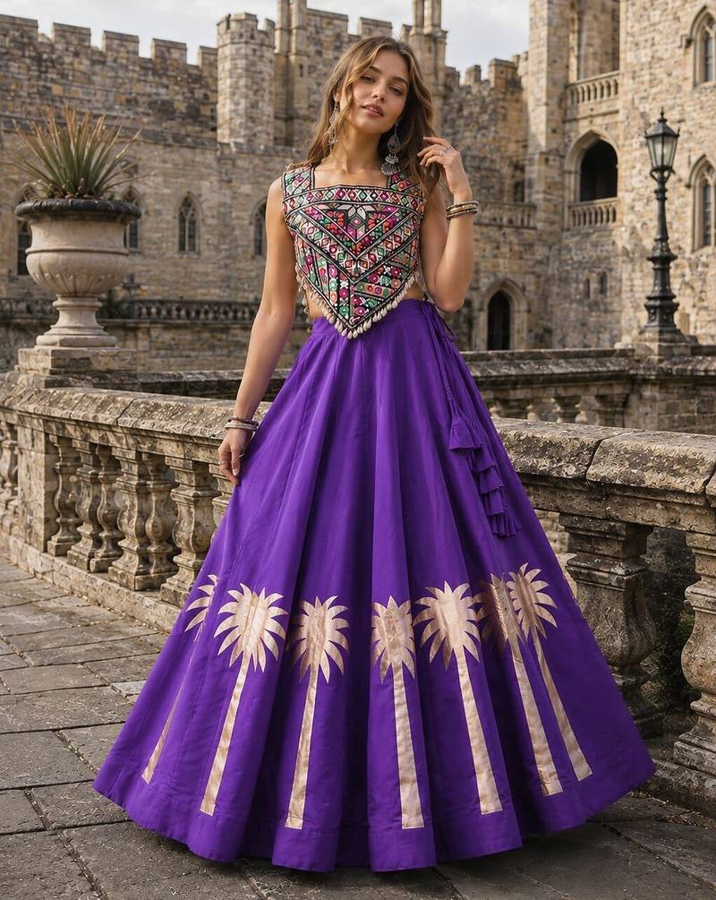 Violet Silk Blend Readymade Navratri Lehenga Choli with Kutchi Gamthi Work