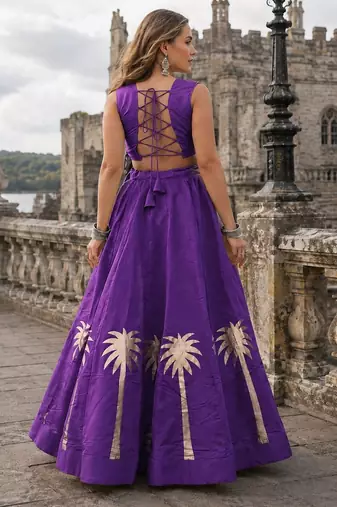 Violet Silk Blend Readymade Navratri Lehenga Choli with Kutchi Gamthi Work