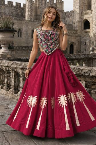 Red Silk Blend Readymade Navratri Lehenga Choli with Kutchi Gamthi Work