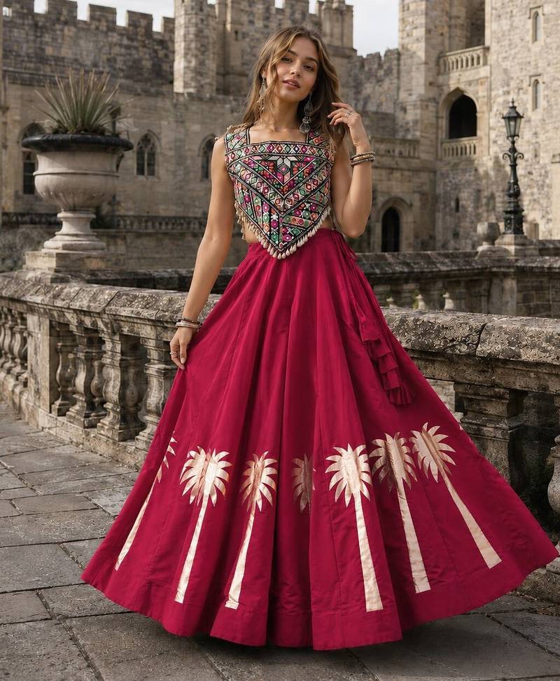 Red Silk Blend Readymade Navratri Lehenga Choli with Kutchi Gamthi Work