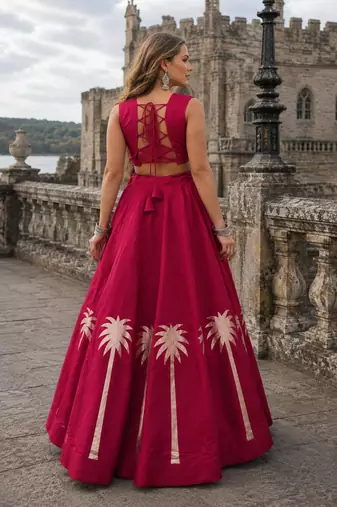 Red Silk Blend Readymade Navratri Lehenga Choli with Kutchi Gamthi Work