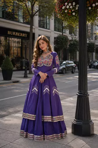 Violet Cotton Readymade Navratri Lehenga Choli with Gamthi Thread & Mirror Work