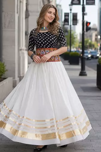 Blue&White Cotton Readymade Navratri Lehenga Choli with Bandhej & Embroidery Work