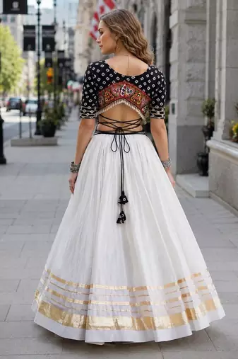 Black&White Cotton Readymade Navratri Lehenga Choli with Bandhej & Embroidery Work