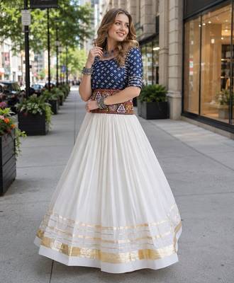 Blue&White Cotton Readymade Navratri Lehenga Choli with Bandhej & Embroidery Work 1