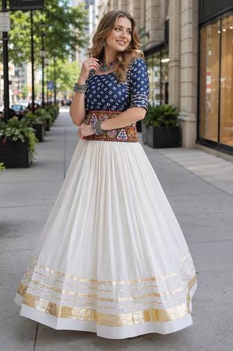 Blue&White Cotton Readymade Navratri Lehenga Choli with Bandhej & Embroidery Work