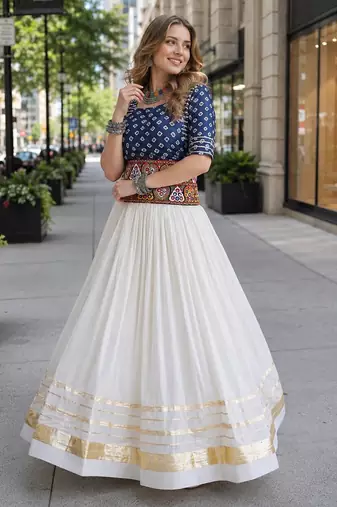 Blue&White Cotton Readymade Navratri Lehenga Choli with Bandhej & Embroidery Work