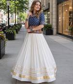 Blue&White Cotton Readymade Navratri Lehenga Choli with Bandhej & Embroidery Work