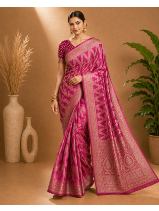 Pink Woven Golden Zari Chevron Pattern Design Fabric Pure Soft Chinon/Georgette Saree With Blouse Unstitched 1