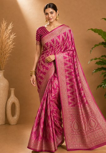 Pink Woven Golden Zari Chevron Pattern Design Fabric Pure Soft Chinon/Georgette Saree With Blouse Unstitched