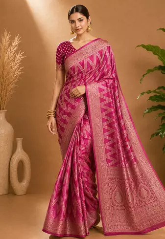 Pink Woven Golden Zari Chevron Pattern Design Fabric Pure Soft Chinon/Georgette Saree With Blouse Unstitched