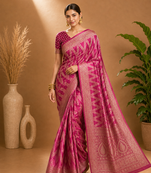 Pink Woven Golden Zari Chevron Pattern Design Fabric Pure Soft Chinon/Georgette Saree With Blouse Unstitched