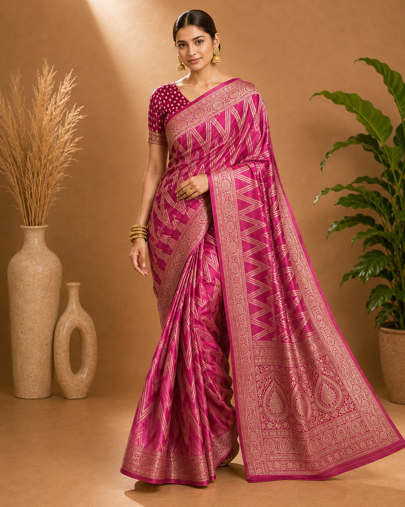 Pink Woven Golden Zari Chevron Pattern Design Fabric Pure Soft Chinon/Georgette Saree With Blouse Unstitched