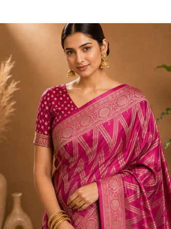 Pink Woven Golden Zari Chevron Pattern Design Fabric Pure Soft Chinon/Georgette Saree With Blouse Unstitched 2