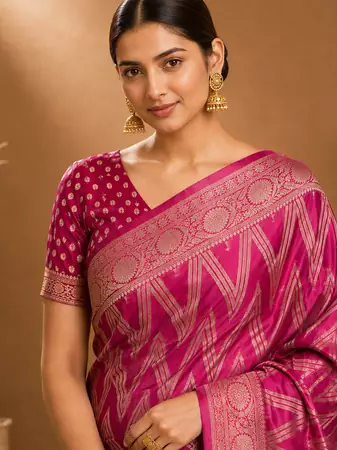 Pink Woven Golden Zari Chevron Pattern Design Fabric Pure Soft Chinon/Georgette Saree With Blouse Unstitched