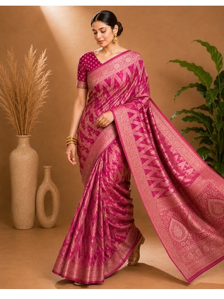 Pink Woven Golden Zari Chevron Pattern Design Fabric Pure Soft Chinon/Georgette Saree With Blouse Unstitched 3