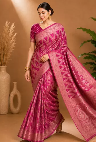 Pink Woven Golden Zari Chevron Pattern Design Fabric Pure Soft Chinon/Georgette Saree With Blouse Unstitched