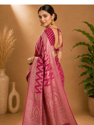 Pink Woven Golden Zari Chevron Pattern Design Fabric Pure Soft Chinon/Georgette Saree With Blouse Unstitched 4