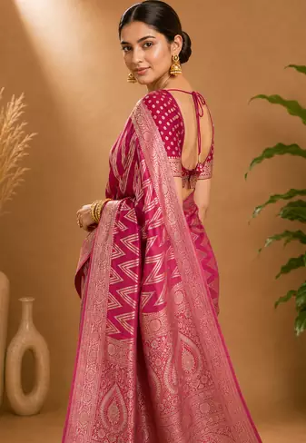 Pink Woven Golden Zari Chevron Pattern Design Fabric Pure Soft Chinon/Georgette Saree With Blouse Unstitched