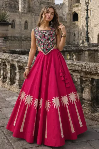 Rani Silk Blend Readymade Navratri Lehenga Choli with Kutchi Gamthi Work