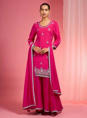 Hot pink viscose chinon chiffon silver hand embroidered sharara set 1