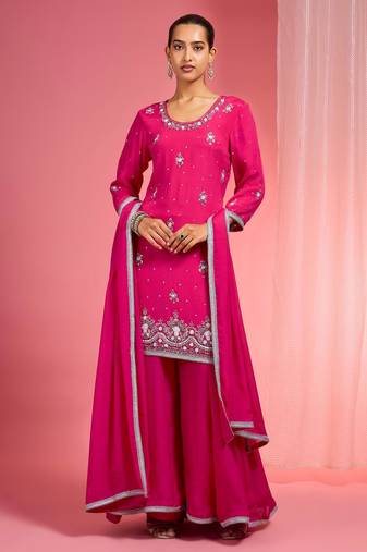 Hot pink viscose chinon chiffon silver hand embroidered sharara set