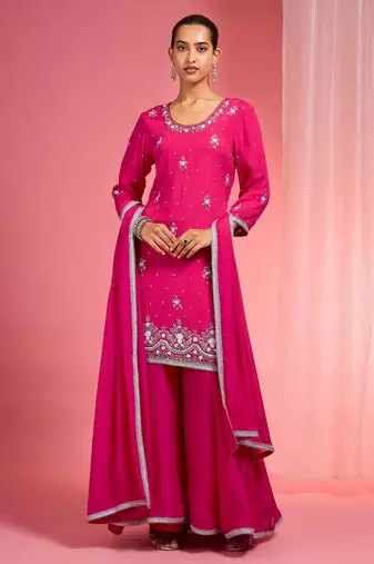 Hot pink viscose chinon chiffon silver hand embroidered sharara set