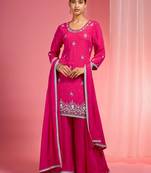 Hot pink viscose chinon chiffon silver hand embroidered sharara set