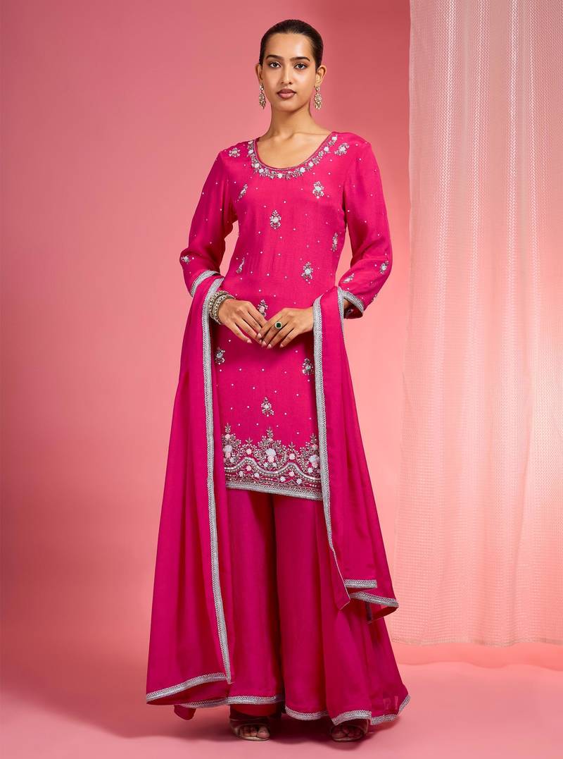 Hot pink viscose chinon chiffon silver hand embroidered sharara set