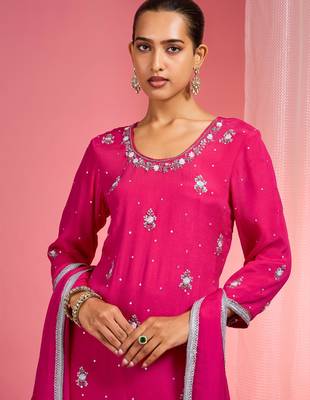 Hot pink viscose chinon chiffon silver hand embroidered sharara set 2