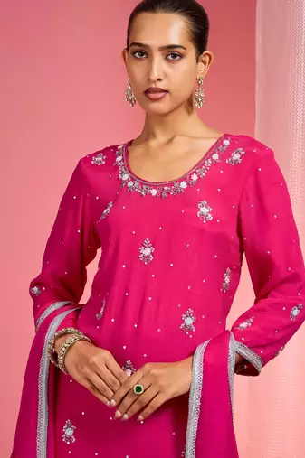 Hot pink viscose chinon chiffon silver hand embroidered sharara set