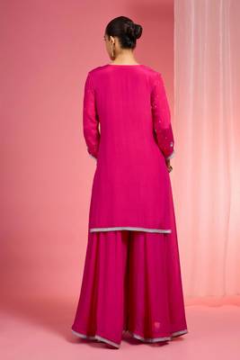 Hot pink viscose chinon chiffon silver hand embroidered sharara set 3