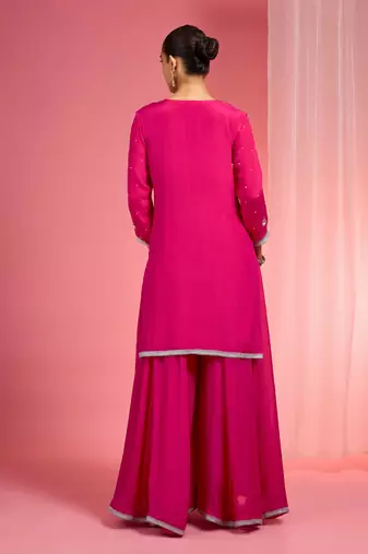 Hot pink viscose chinon chiffon silver hand embroidered sharara set
