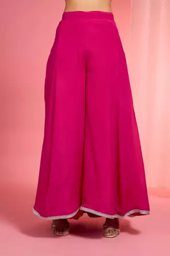 Hot pink viscose chinon chiffon silver hand embroidered sharara set