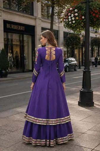 Violet Cotton Readymade Navratri Lehenga Choli with Gamthi Thread & Mirror Work