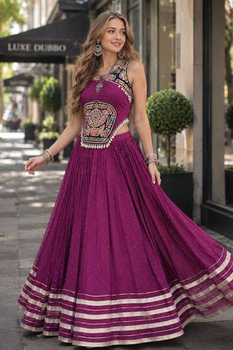 Purple Rayon Readymade Navratri Lehenga Choli with Mirror Gamthi Work