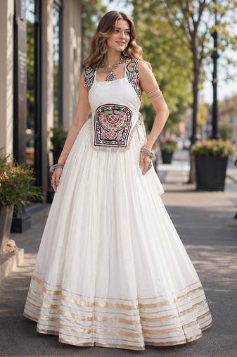 White Rayon Readymade Navratri Lehenga Choli with Mirror Gamthi Work