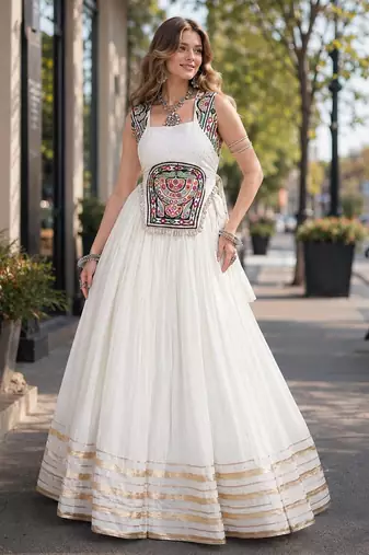 White Rayon Readymade Navratri Lehenga Choli with Mirror Gamthi Work