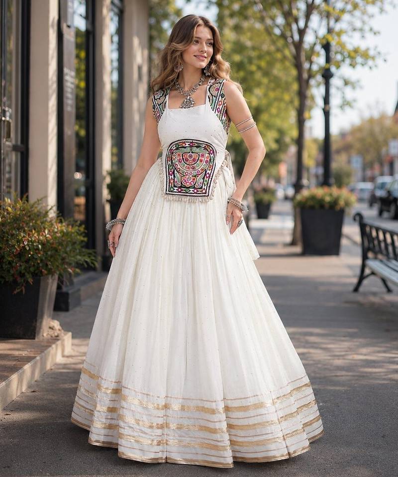 White Rayon Readymade Navratri Lehenga Choli with Mirror Gamthi Work