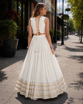 White Rayon Readymade Navratri Lehenga Choli with Mirror Gamthi Work 2