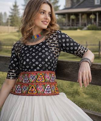 Black&White Cotton Readymade Navratri Lehenga Choli with Bandhej & Embroidery Work 2
