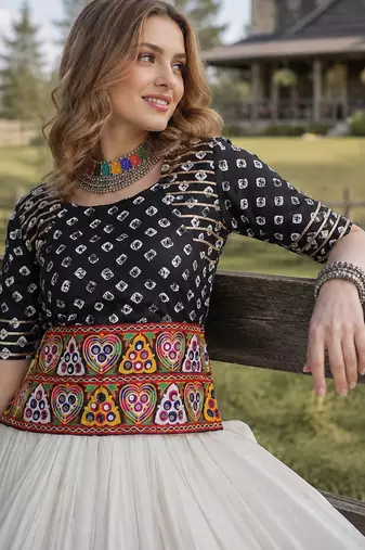 Black&White Cotton Readymade Navratri Lehenga Choli with Bandhej & Embroidery Work