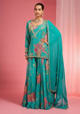 Teal viscose organza handwork highlighted printed sharara set 1