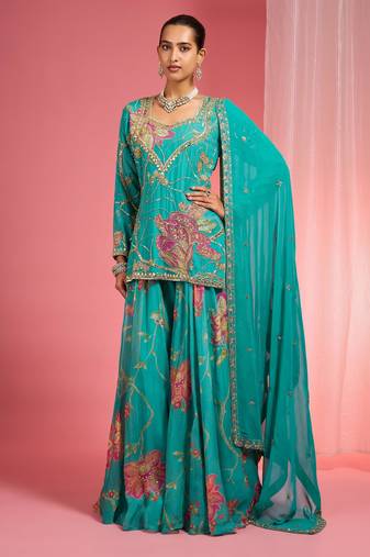 Teal viscose organza handwork highlighted printed sharara set