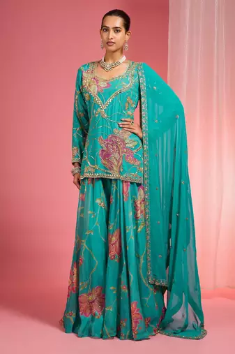 Teal viscose organza handwork highlighted printed sharara set