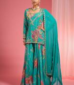 Teal viscose organza handwork highlighted printed sharara set