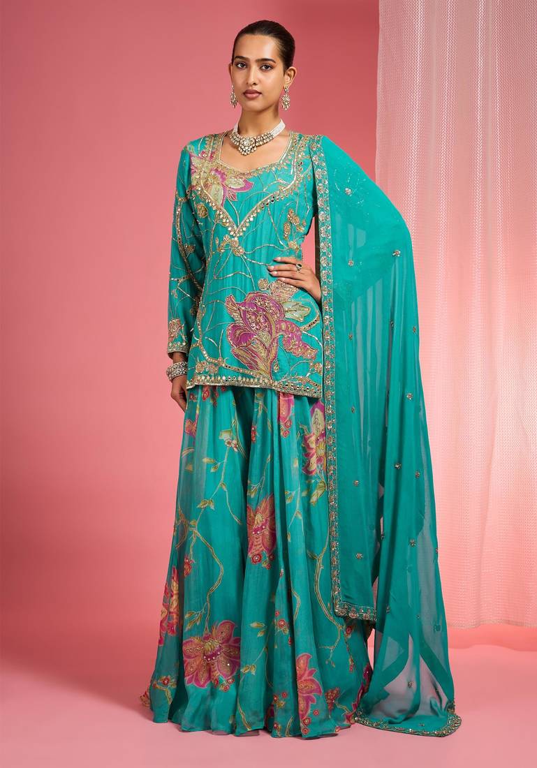 Teal viscose organza handwork highlighted printed sharara set