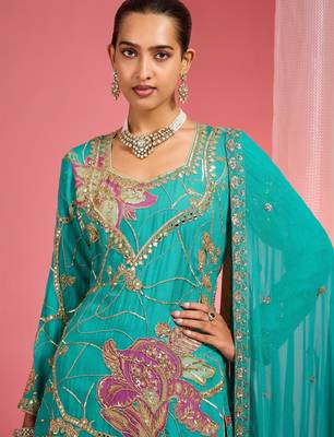 Teal viscose organza handwork highlighted printed sharara set 2