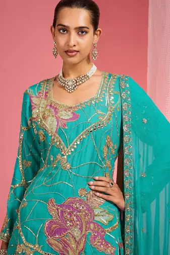 Teal viscose organza handwork highlighted printed sharara set